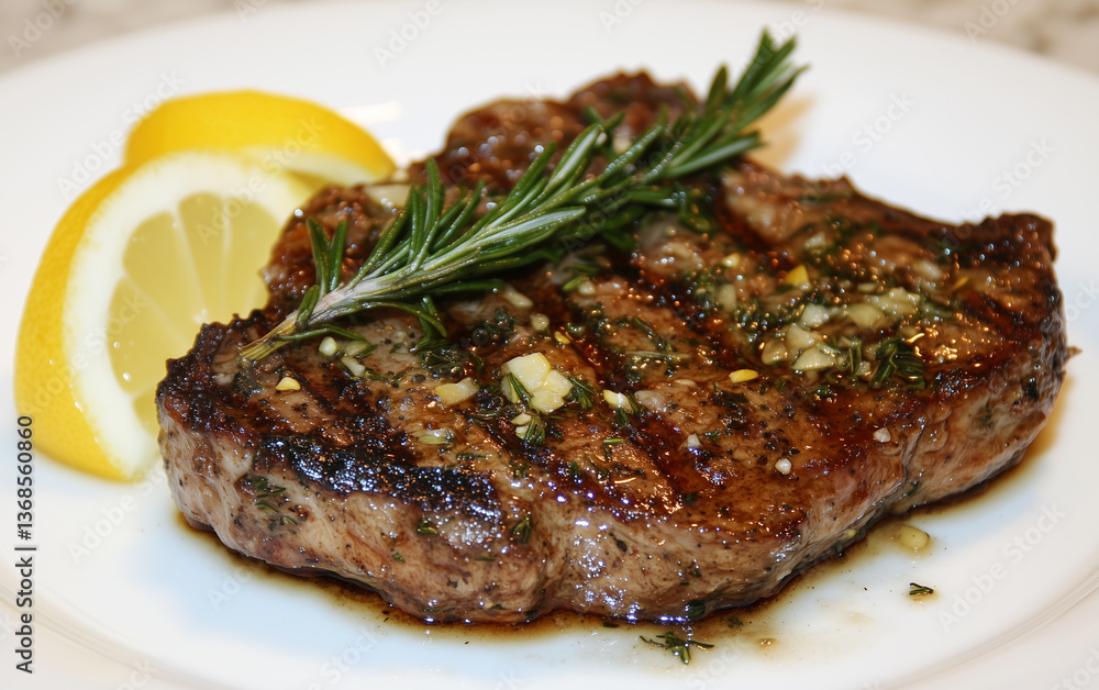 Grilled Steak with Garlic Herb Butter, Rosemary, and Lemon on White Plate Grilled Steak with Garlic Herb Butter, Rosemary, and Lemon on White Plate