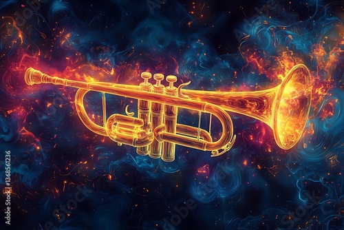 Floating trumpet surrounded by abstract, glowing jazz symbols, creating a vibrant and dynamic visual