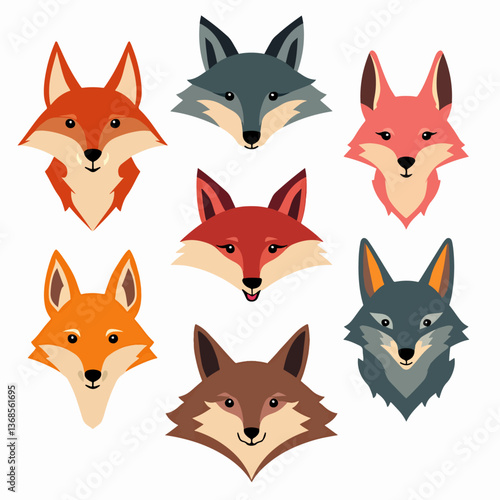 Set of cartoon animals fox face, cute fox emoji sticker set, Isolated vector illustration icons