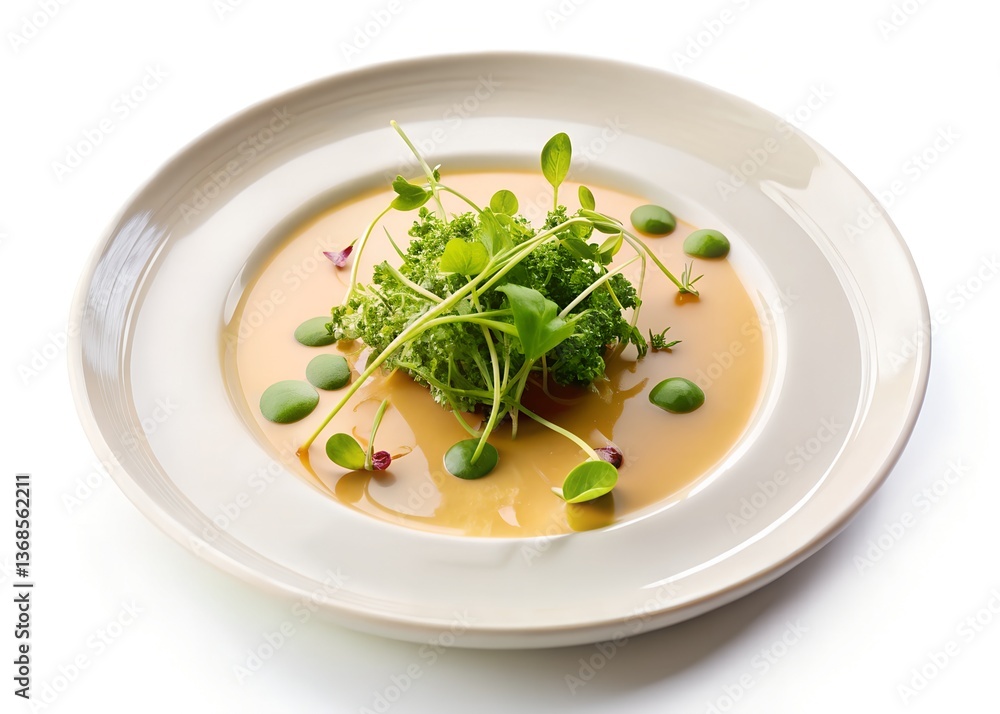 Culinary Delight: Exquisite close-up of a creatively plated soup in a restaurant setting, with a perfect balance of textures and flavors. Culinary Delight: Exquisite close-up of a creatively plated soup in a restaurant setting, with a perfect balance of textures and flavors.