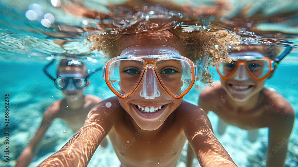 Fototapeta premium Kids excitedly snorkeling underwater, wearing masks and smiling joyfully. vibrant marine life and clear blue water create fun and adventurous