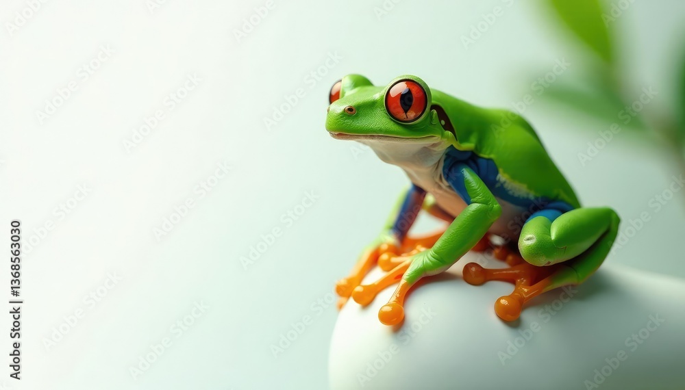 Fototapeta premium Green tree frog perched on white, vibrant skin, amphibian, animal kingdom, biology