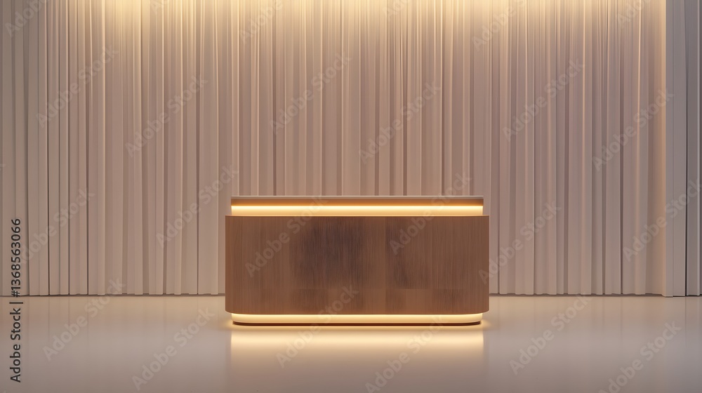 A podium with an illuminated top and clean, angular design, placed in a minimalist showroom with white walls and soft lighting. A podium with an illuminated top and clean, angular design, placed in a minimalist showroom with white walls and soft lighting.