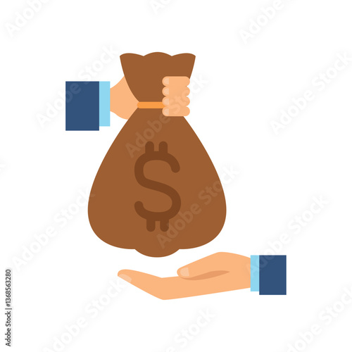 Vector illustration of two hands with blue suit sleeves, one giving or transferring a brown money bag with a dollar sign to the other, symbolizing financial transactions, lending or borrowing money
