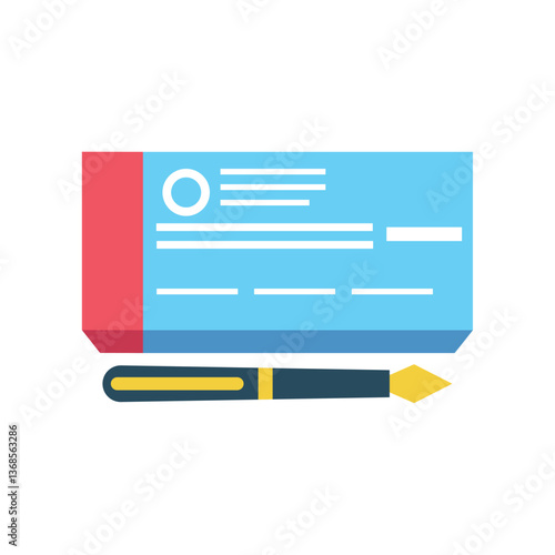 Vector illustration of a blue checkbook with a red side and a dark blue and yellow pen lying in front, symbolizing finance, banking