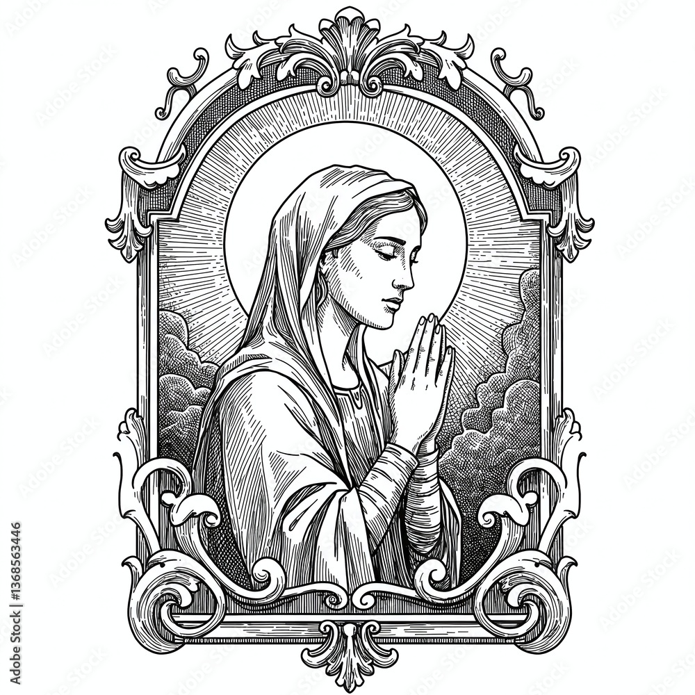 Obraz premium Devotional Grace: A serene illustration of a woman with a divine aura, cloaked in an exquisite ornamental frame. A visual meditation on faith and reverence.