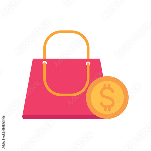 Vector illustration of a red shopping bag with a gold dollar coin next to it, symbolizing purchasing power, retail sales, consumer spending