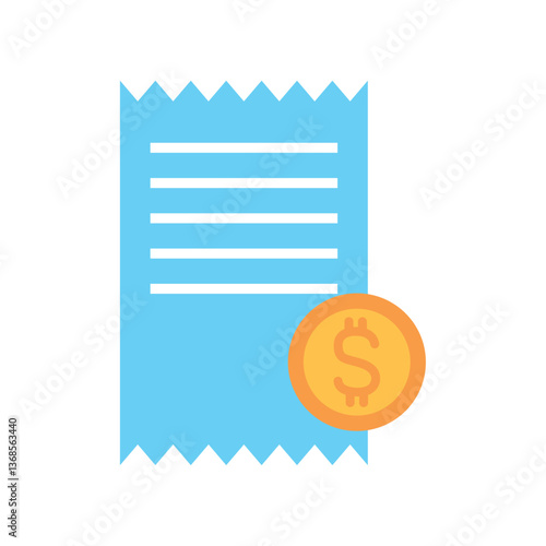 Vector illustration of a blue receipt with a gold dollar coin placed on it, symbolizing a financial transaction, payment record, sales summary
