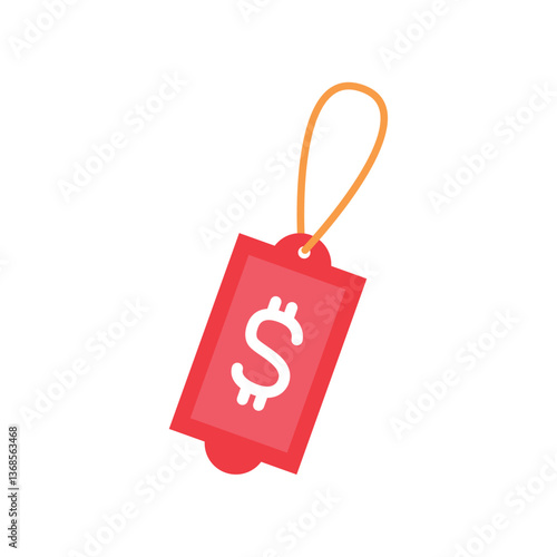 Vector illustration of a red price tag with a white dollar sign on it, symbolizing the cost of an item, retail sales, shopping discounts