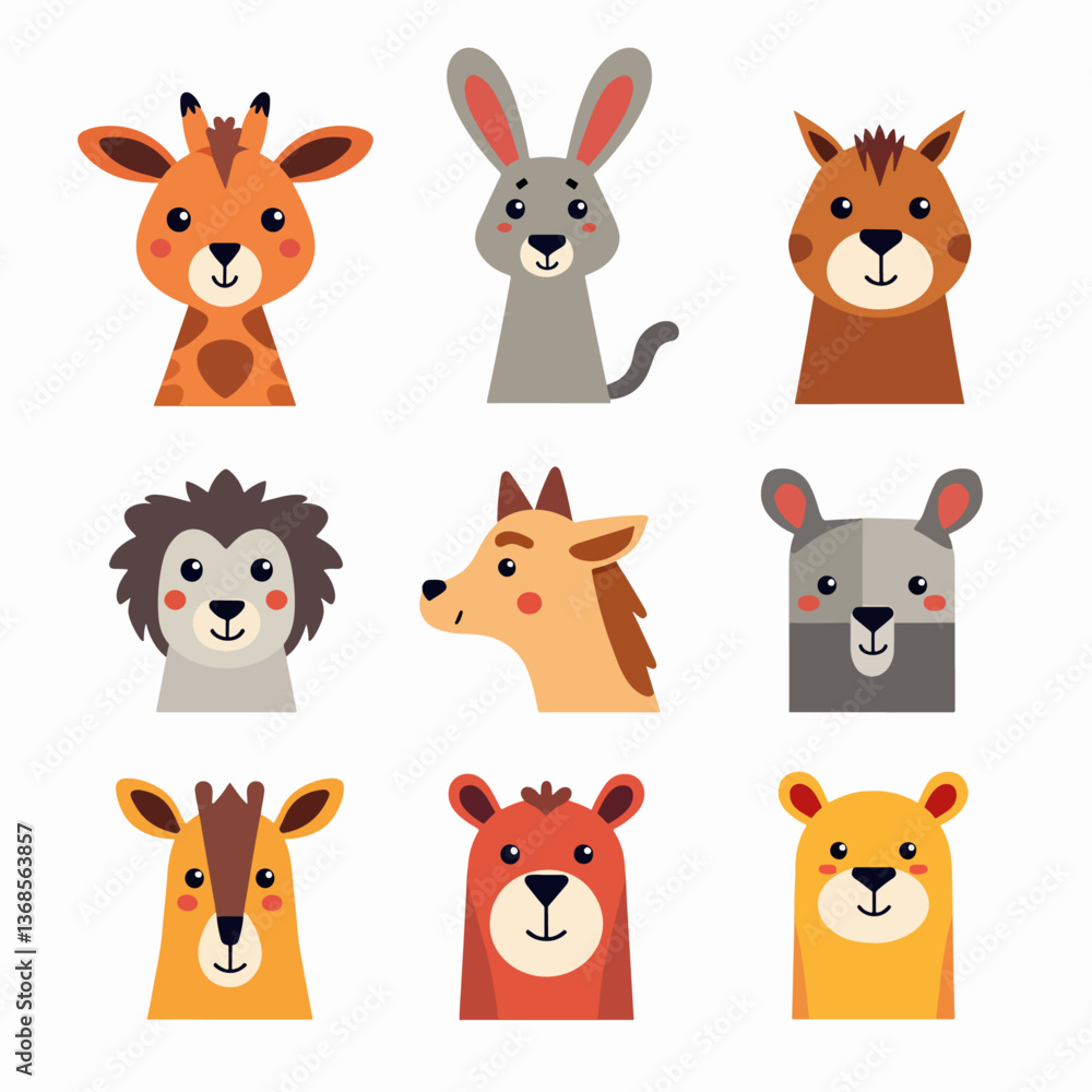 Fototapeta premium Cute baby safari animal faces vector illustration. The set includes, Baby Animal Faces Set