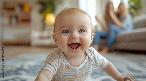 Happy baby crawling on rug, smiling joyfully while parents interact in background. warm, cozy home setting creates delightful