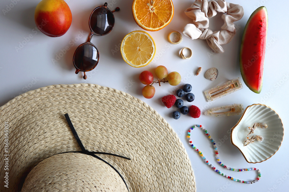 Straw hat, sunglasses, seasonal fruit, seashells and colorful accessories on white backgrounds. Cute summer essentials. Flat lay.