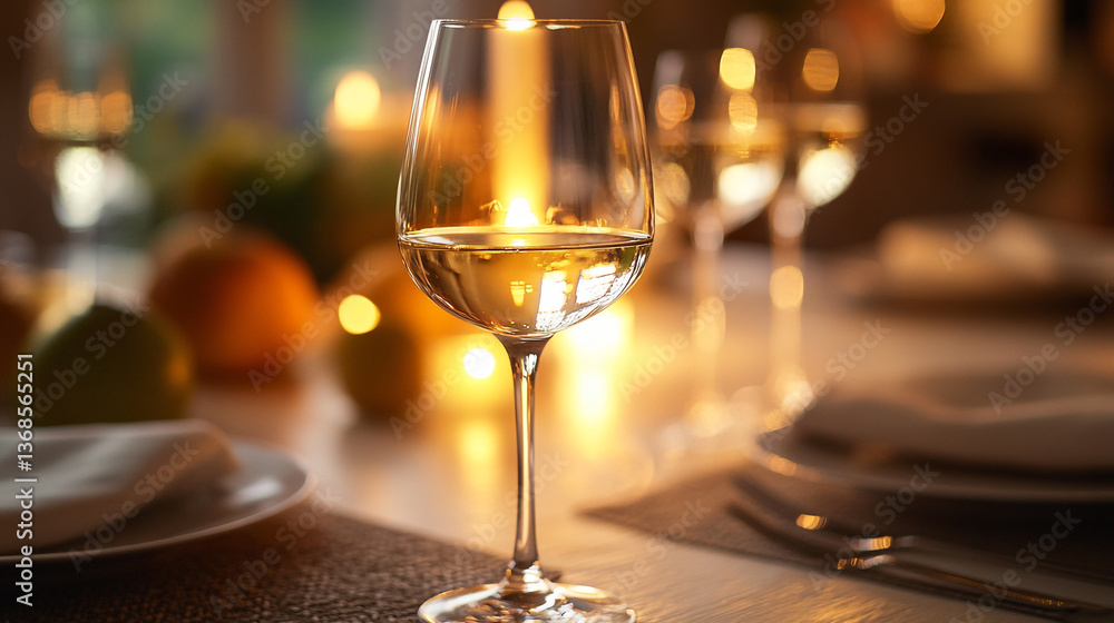 Close up of wine glasses filled with white wine on a table with blurred background and soft lighting Close up of wine glasses filled with white wine on a table with blurred background and soft lighting