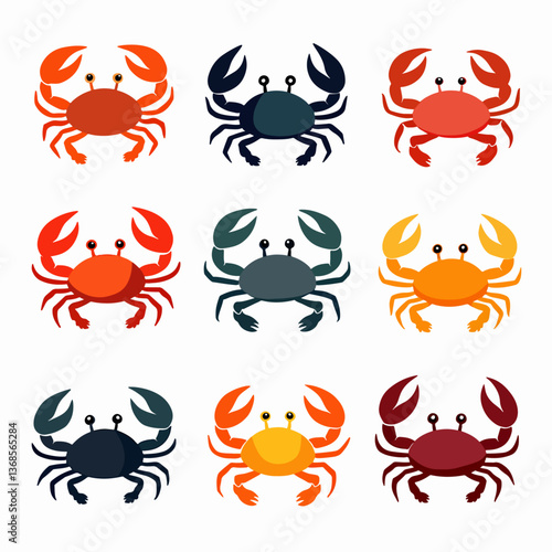 Cute crab cartoon vector, Crab color set vector