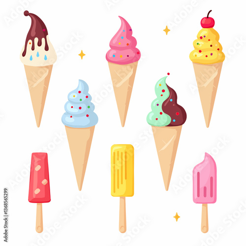 Set ice cream on a white background,  A delightful vector illustration set of various ice cream cones with toppings in a playful cartoon style.
