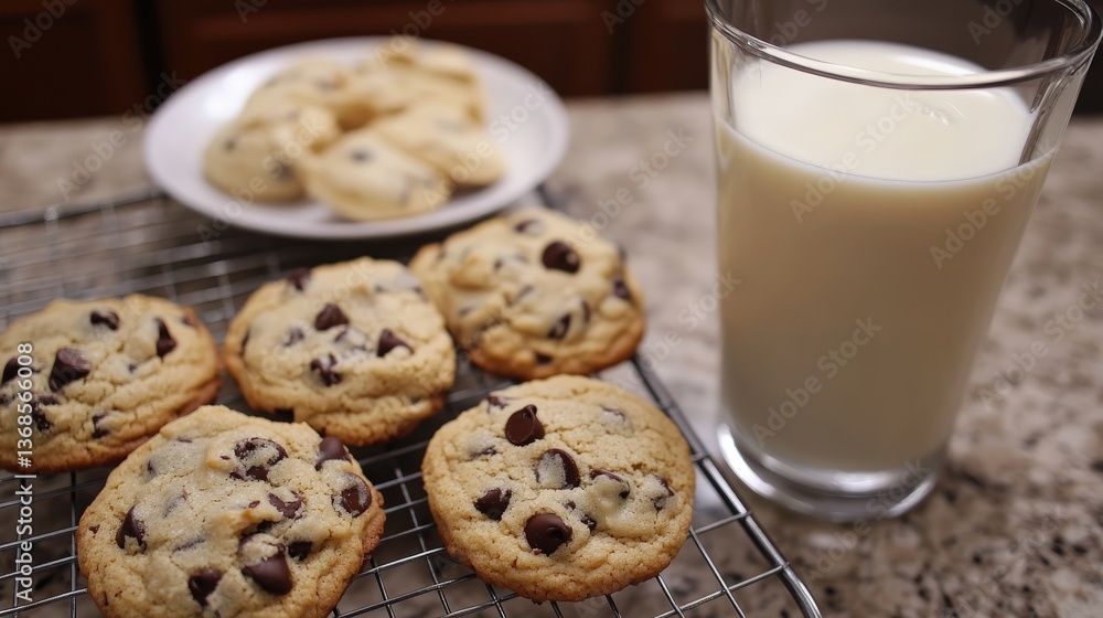A refreshing glass of milk next to chocolate chip cookies A refreshing glass of milk next to chocolate chip cookies
