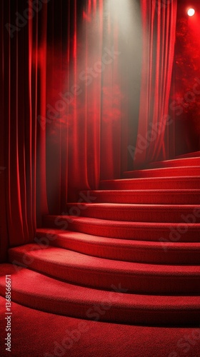 Elegant red staircase leads to a mysterious stage, inviting curiosity and anticipation for a captivating performance