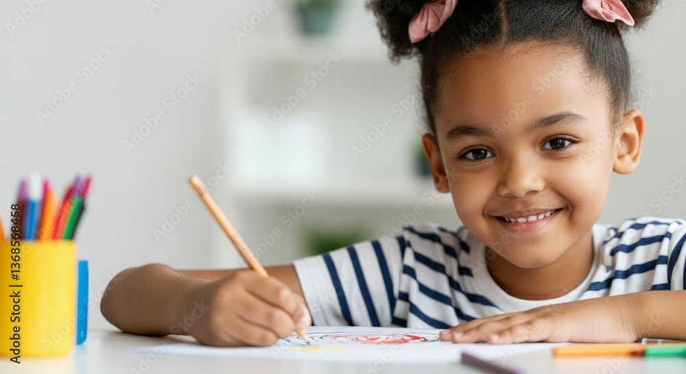 African young girl smiling while drawing with colored pencils at home African young girl smiling while drawing with colored pencils at home