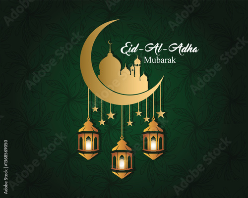 Eid Al Adha Mubarak background Vector illustration, Beautiful mosque with Arabic lanterns, Muslim community festival.