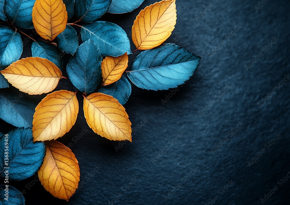 Fototapeta premium Colorful leaves adorn a dark surface in an appealing arrangement