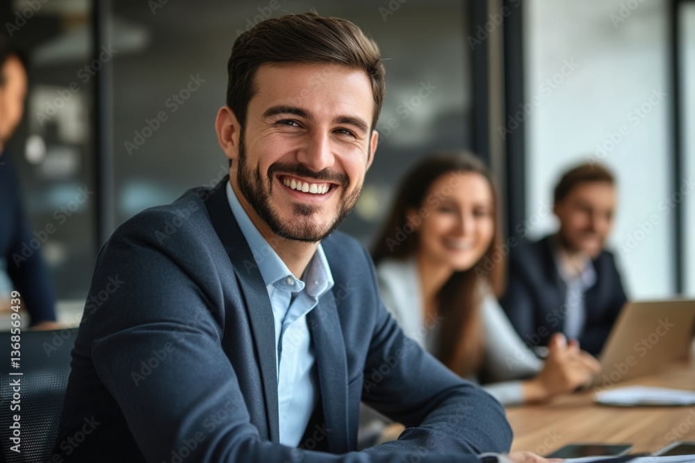 Happy businessman smiling while discussing sales with his team Happy businessman smiling while discussing sales with his team