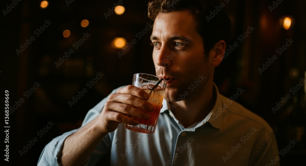 Young caucasian male enjoying beverage in dimly lit bar setting Young caucasian male enjoying beverage in dimly lit bar setting