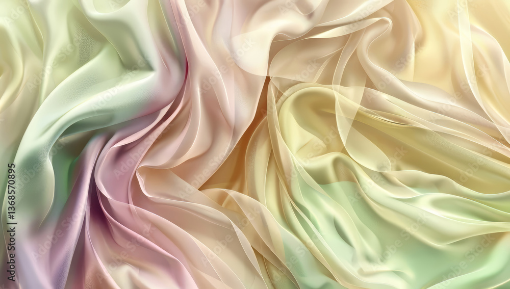 Obraz premium Dreamy pastel chiffon fabric showcasing soft flowing drapes and subtle ombre color transitions in gentle calming hues Soft natural light enhances