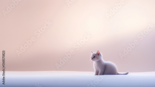 Small White Kitten Sitting on White Surface, Curious Expression, Soft Pink Gradient Background, Dreamy and Serene Digital Illustration, Peaceful and Adorable Kitten Artwork
