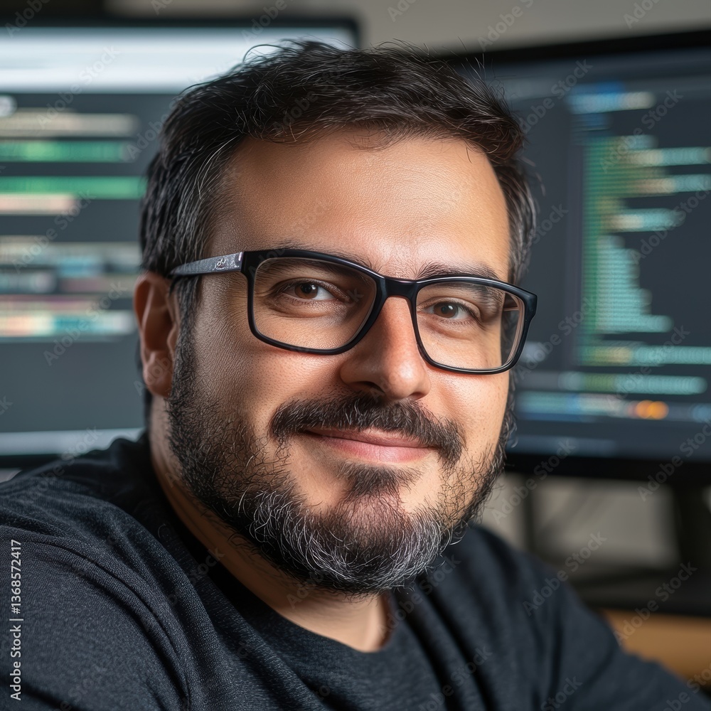 A focused man with glasses smiles at the camera in a tech workspace filled with dual monitors displaying code, ideal for tech-related content, portraits of professionals, or articles on programming, A focused man with glasses smiles at the camera in a tech workspace filled with dual monitors displaying code, ideal for tech-related content, portraits of professionals, or articles on programming,
