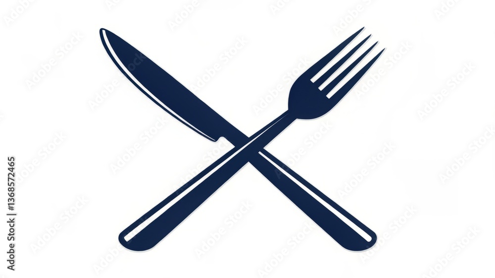 A classic crossed knife and fork symbolize a delightful dining experience in a bold navy blue design. A classic crossed knife and fork symbolize a delightful dining experience in a bold navy blue design.