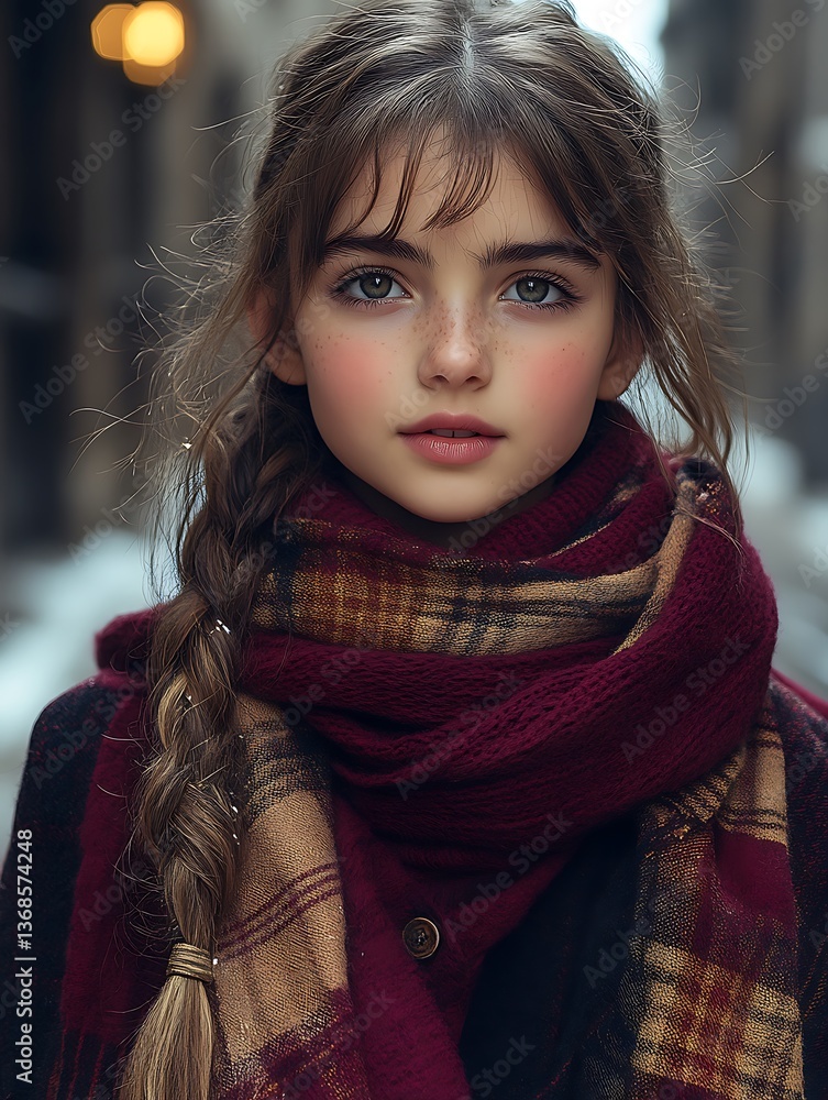 A young girl with a braid and a patterned scarf poses A young girl with a braid and a patterned scarf poses
