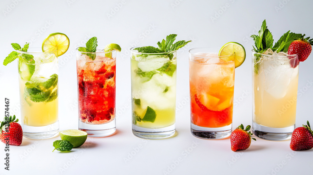 Assorted cocktails with lime and mint garnish in glasses on a white background, studio shot Assorted cocktails with lime and mint garnish in glasses on a white background, studio shot