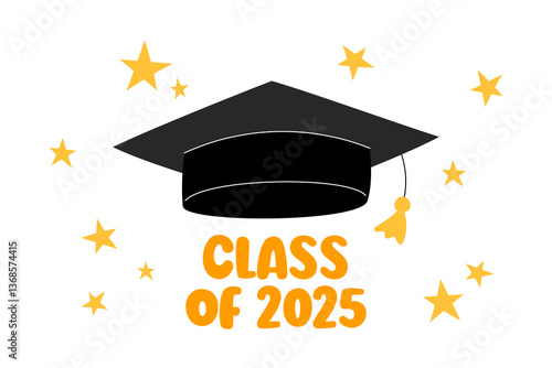 Class of 2025 vector illustration. Graduation print for elementary or middle school students. Cute colorful design for grads with playful text and stars