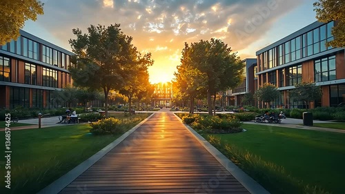 Serene sunset view over a modern campus with people enjoying the lush green surroundings