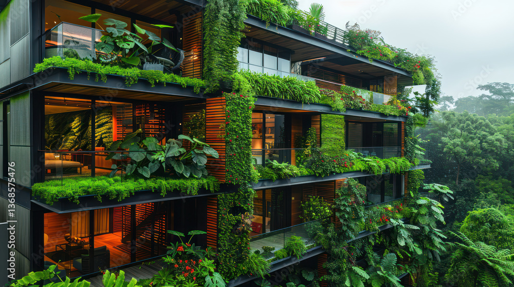 modern building with lush green roofs and walls, surrounded by tropical plants, creating vibrant and eco friendly . design integrates nature with architecture beautifully modern building with lush green roofs and walls, surrounded by tropical plants, creating vibrant and eco friendly . design integrates nature with architecture beautifully