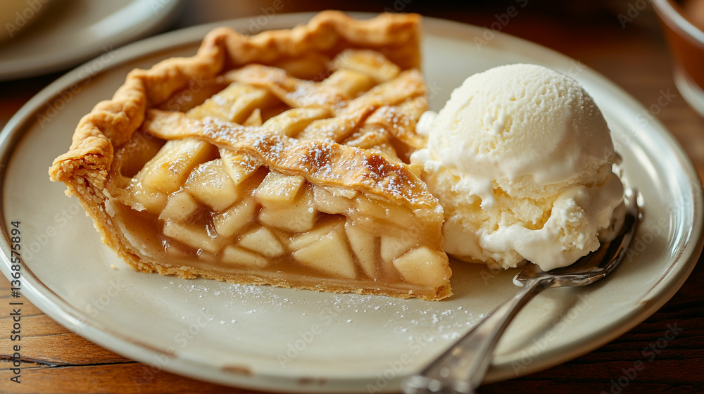 A slice of apple pie with lattice crust and a scoop of vanilla ice cream on a ceramic plate A slice of apple pie with lattice crust and a scoop of vanilla ice cream on a ceramic plate