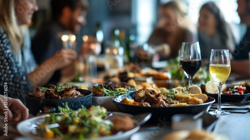 A group of people are gathered around a table with food and drinks at a festive dinner party scene