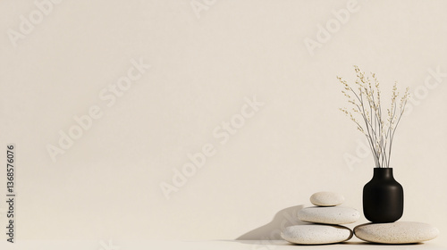 Zen Still Life: A minimalistic arrangement of smooth stones, a sleek black vase, and delicate dried floral elements embodies serenity and balance, creating a calming and evocative scene. 