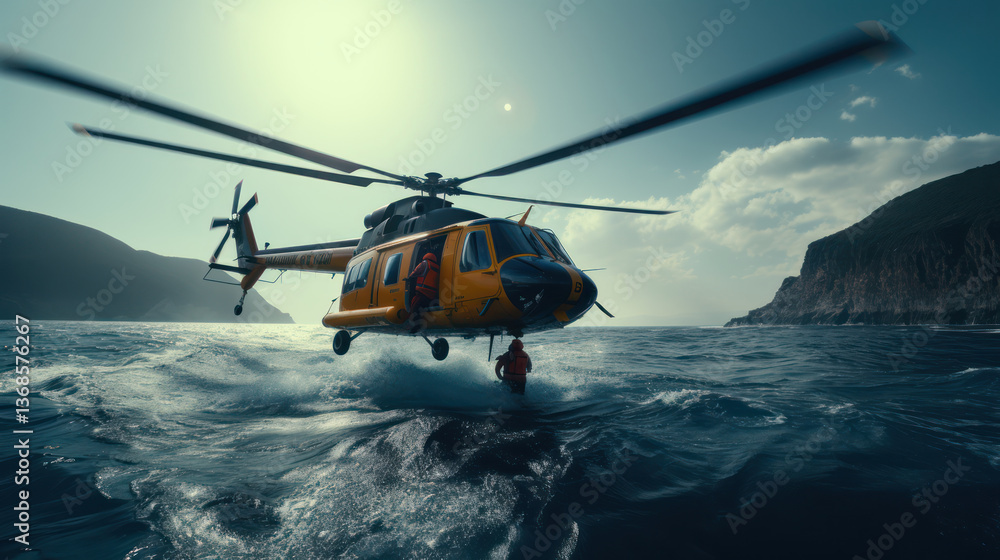 Fototapeta premium rescue helicopter hovers above ocean waves, preparing for water rescue operation near rocky coastline. scene captures urgency and bravery of mission
