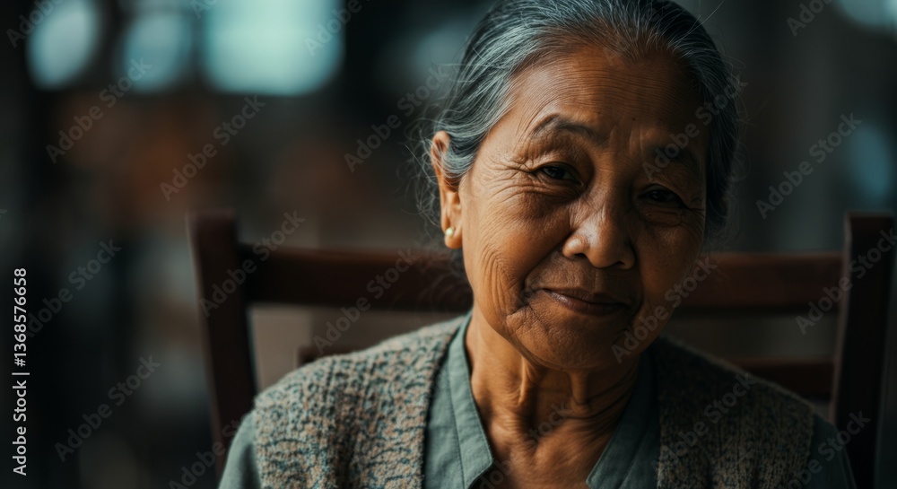 Obraz premium Elderly asian woman in a peaceful setting with thoughtful expression