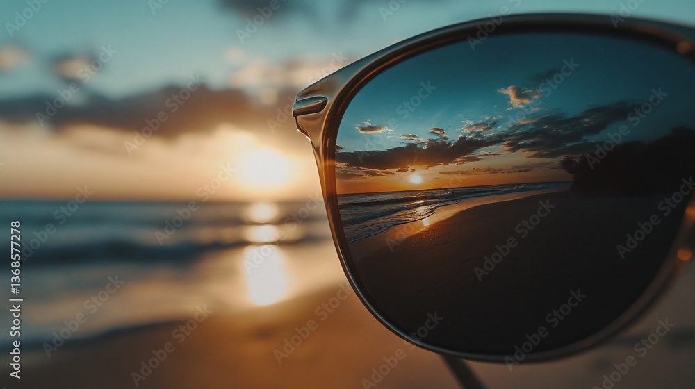 Sunset Reflection in Sunglasses on Sandy Beach at Dusk Serene Vacation and Travel Destination View Sunset Reflection in Sunglasses on Sandy Beach at Dusk Serene Vacation and Travel Destination View