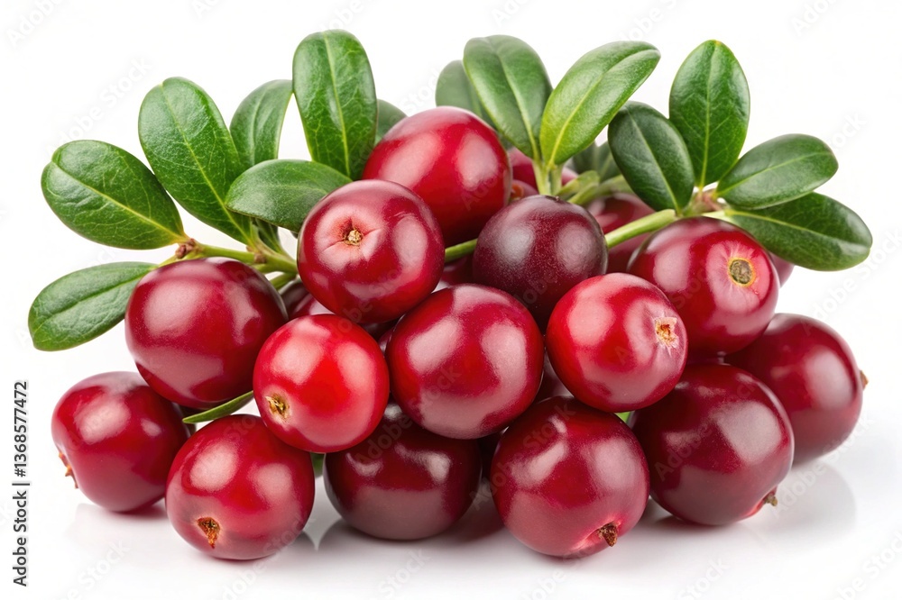 A cluster of ripe red cranberries with vibrant green leaves freshly picked from the bush A cluster of ripe red cranberries with vibrant green leaves freshly picked from the bush