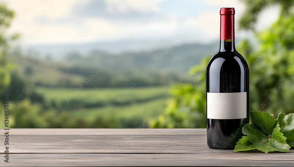 Fototapeta premium Red wine bottle on wooden table with vineyard backdrop