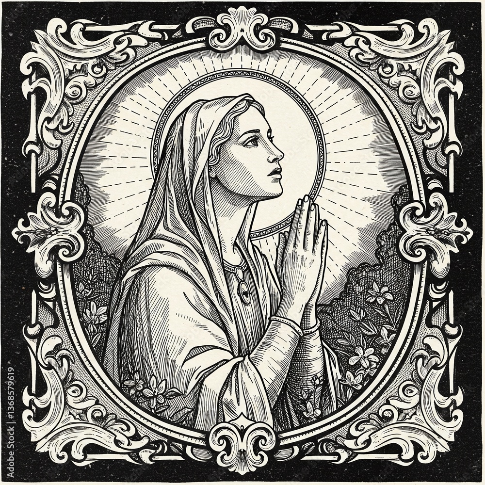 Fototapeta premium Reverent Serenity: A detailed illustration of a devout figure, radiating faith and devotion through every line, depicted in a detailed frame.