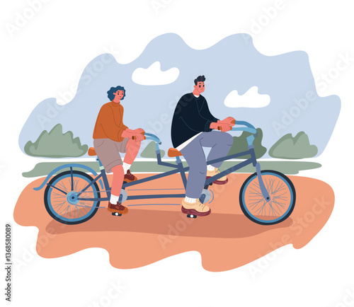 Cartoon vector illustration of a man and woman pedaling a tandem bicycle together, representing collaboration, partnership, and a united journey towards a common goal.