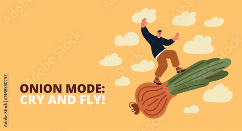 Cartoon vector illustration of a man flying through the sky on a giant onion, symbolizing adventurous spirit, boldness, and a playful zest for life.
