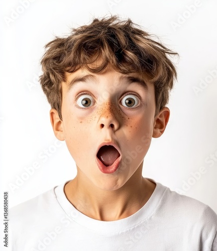 Teen boy making silly grimace - funny surprised face. Playful child isolated on white background. Emotional portrait of caucasian teenager looking at