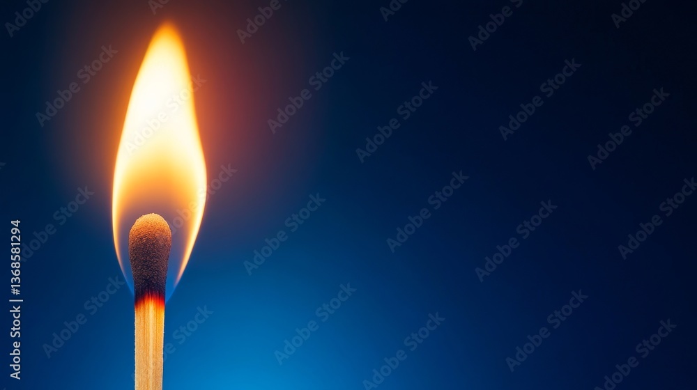 Close-up of a lit matchstick against a dark blue background, showcasing the flame's glow Close-up of a lit matchstick against a dark blue background, showcasing the flame's glow