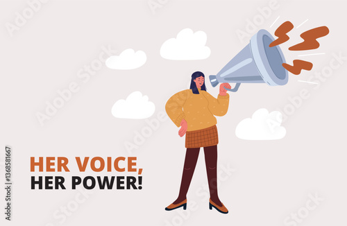 Cartoon vector illustration of a woman holding a megaphone, symbolizing empowerment, loud voices for change, and the power of communication in spreading important messages.