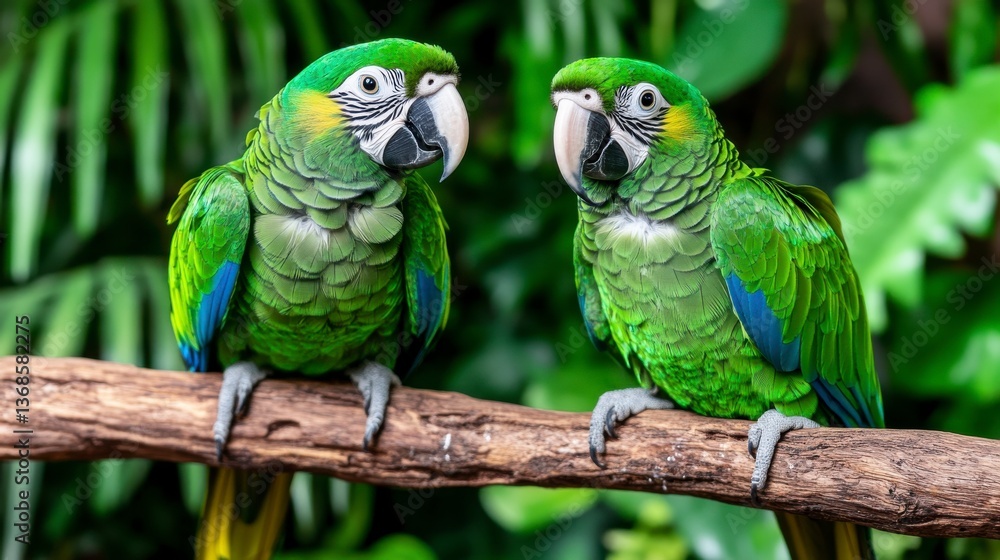 Obraz premium Two colorful green macaws perched on a branch amidst lush green foliage